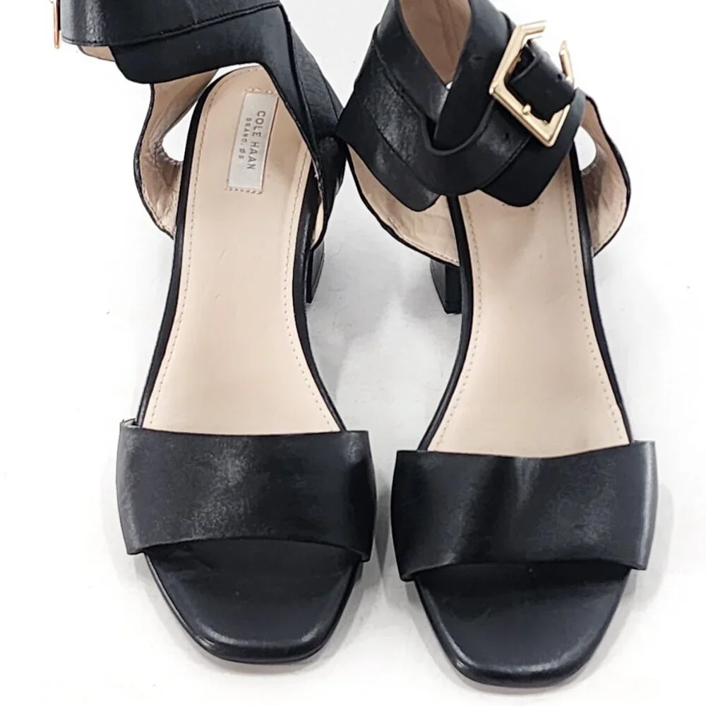 COLE HAAN Avani Black‎ Leather Block Heel Ankle Strap Sandal Buckle